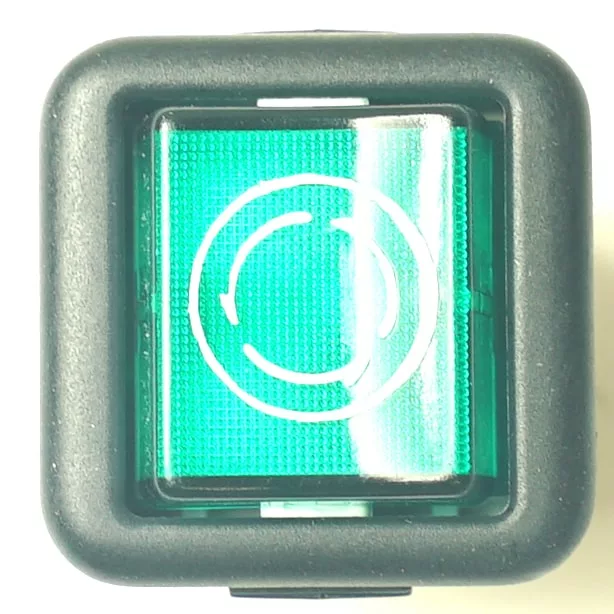 A close-up of a square green button with a circular arrow symbol for recirculation or refresh, set in a black frame—typically seen on V.4423 DOUBLE PILOT control panels. © 2025 1st-line.com