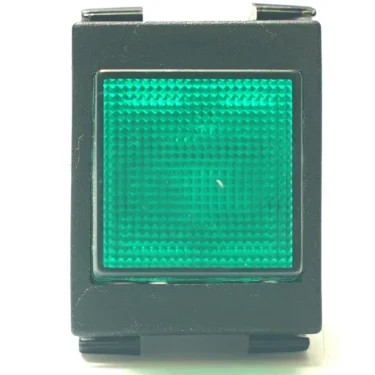 A close-up of a square green illuminated push button switch with a black plastic casing, designed for electronic panels or control systems, positioned next to the V.4269 RED LIGHT SWITCH. © 2025 1st-line.com