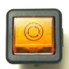 A close-up of a square, orange illuminated switch with a black circular arrow symbol in the center, housed in a black frame—like those on the V.4350 DOUBLE RED SWITCH panel for recirculation or reset indication. © 2025 1st-line.com