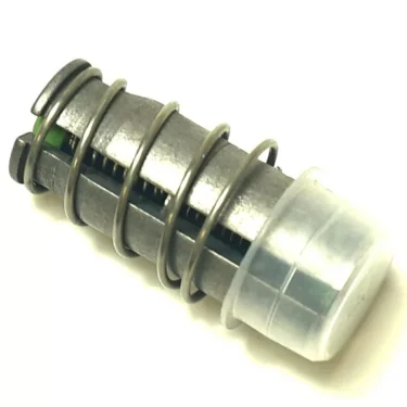 A close-up of a V.1652 3 WAYS (TYPE 14W) M&M Solenoid, featuring a cylindrical metal body, coiled spring, and translucent plastic cap on one end, photographed against a white background. © 2025 1st-line.com