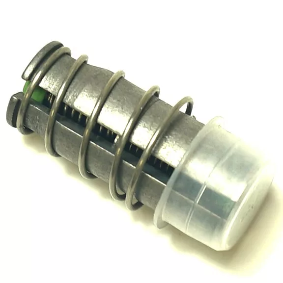 A close-up of a V.1652 3 WAYS (TYPE 14W) M&M Solenoid, featuring a cylindrical metal body, coiled spring, and translucent plastic cap on one end, photographed against a white background. © 2025 1st-line.com