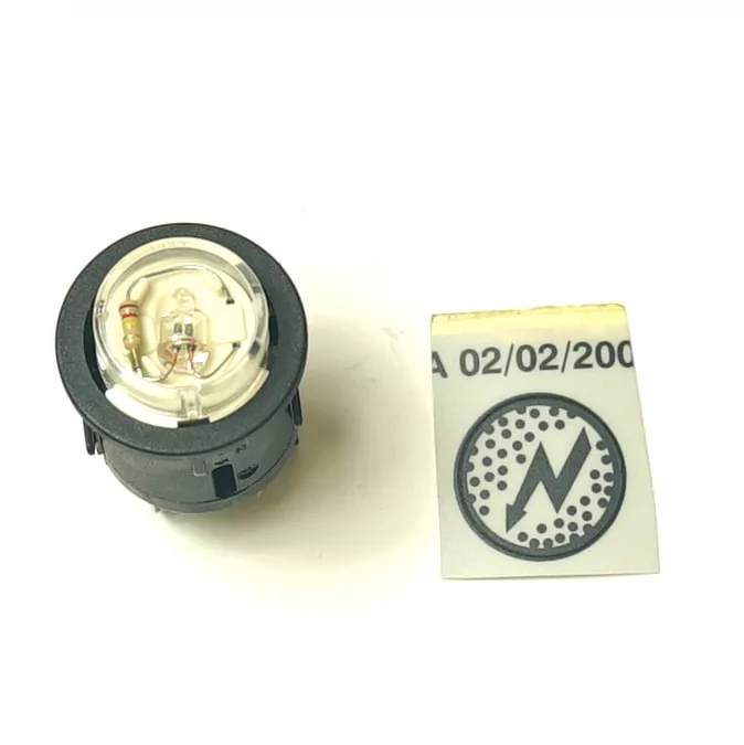 A close-up of a V.4252 25mm Reset Switch shows visible wiring and a separate rectangular label with a lightning bolt symbol and the date 02/02/2000. © 2025 1st-line.com