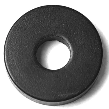 A close-up of an SM..13 FLAT RUBBER GASKET (16.5x6x4mm), black and flat with a central hole, displayed on a white background. © 2025 1st-line.com