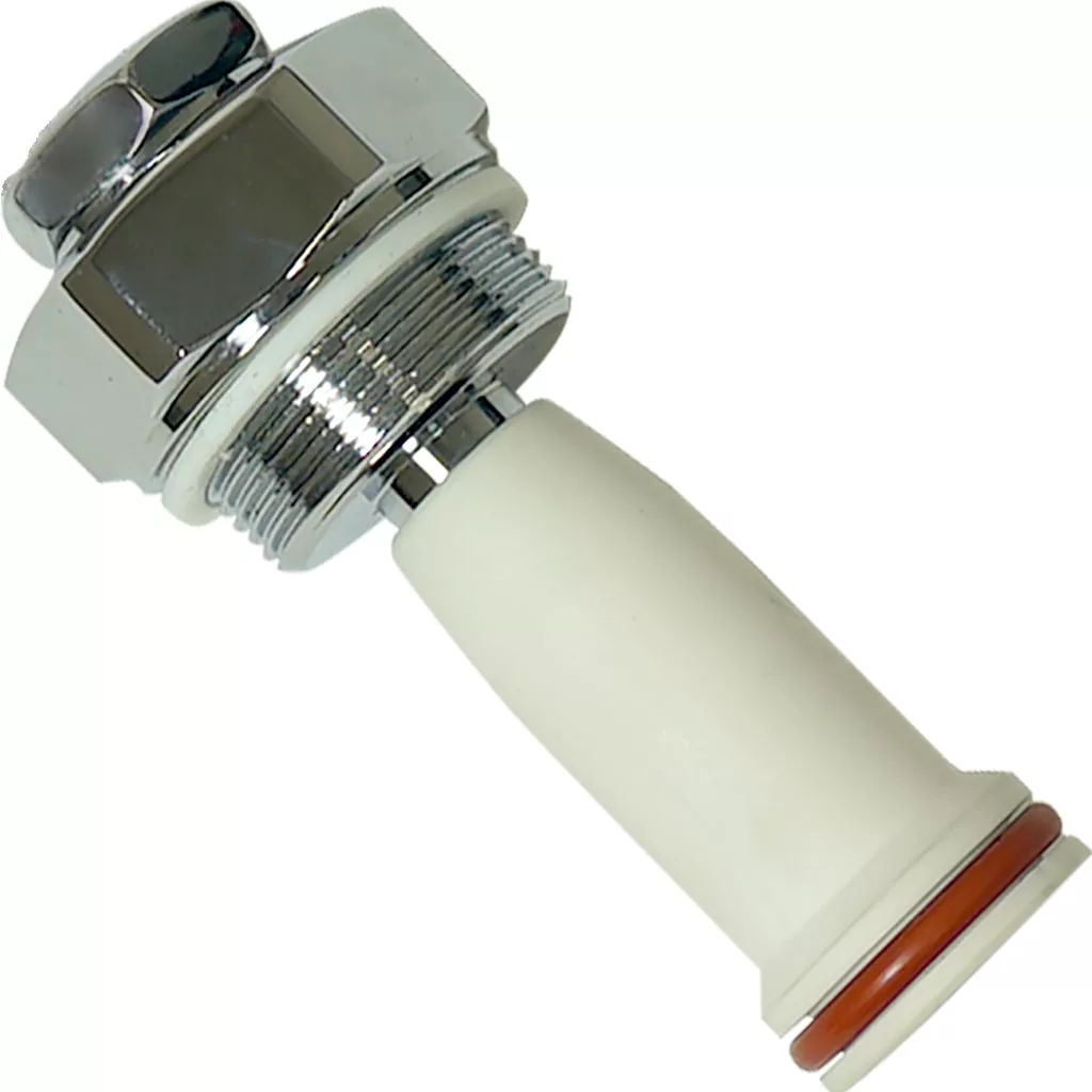 A close-up of the 1st-line Complete E61 Mushroom Assembly in Ceramic, a metal and white plastic valve cartridge with ceramic parts, threaded sections, and an orange rubber O-ring at one end. © 2025 1st-line.com