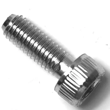 A close-up of the F.1020 STAINLESS STEEL SCREW M5x14, featuring a threaded body and knurled cylindrical head, displayed on a white background. © 2025 1st-line.com