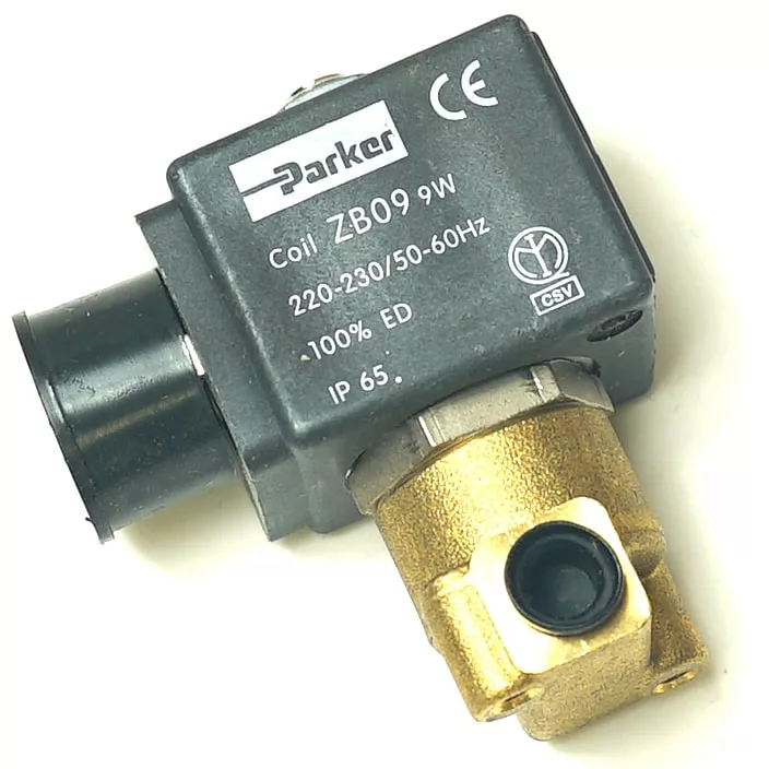 A close-up of the F.1708 1/8X1/8 2WAYS Parker solenoid valve, 9W, shows its black coil on a brass body with certification symbols marked on the component. © 2025 1st-line.com
