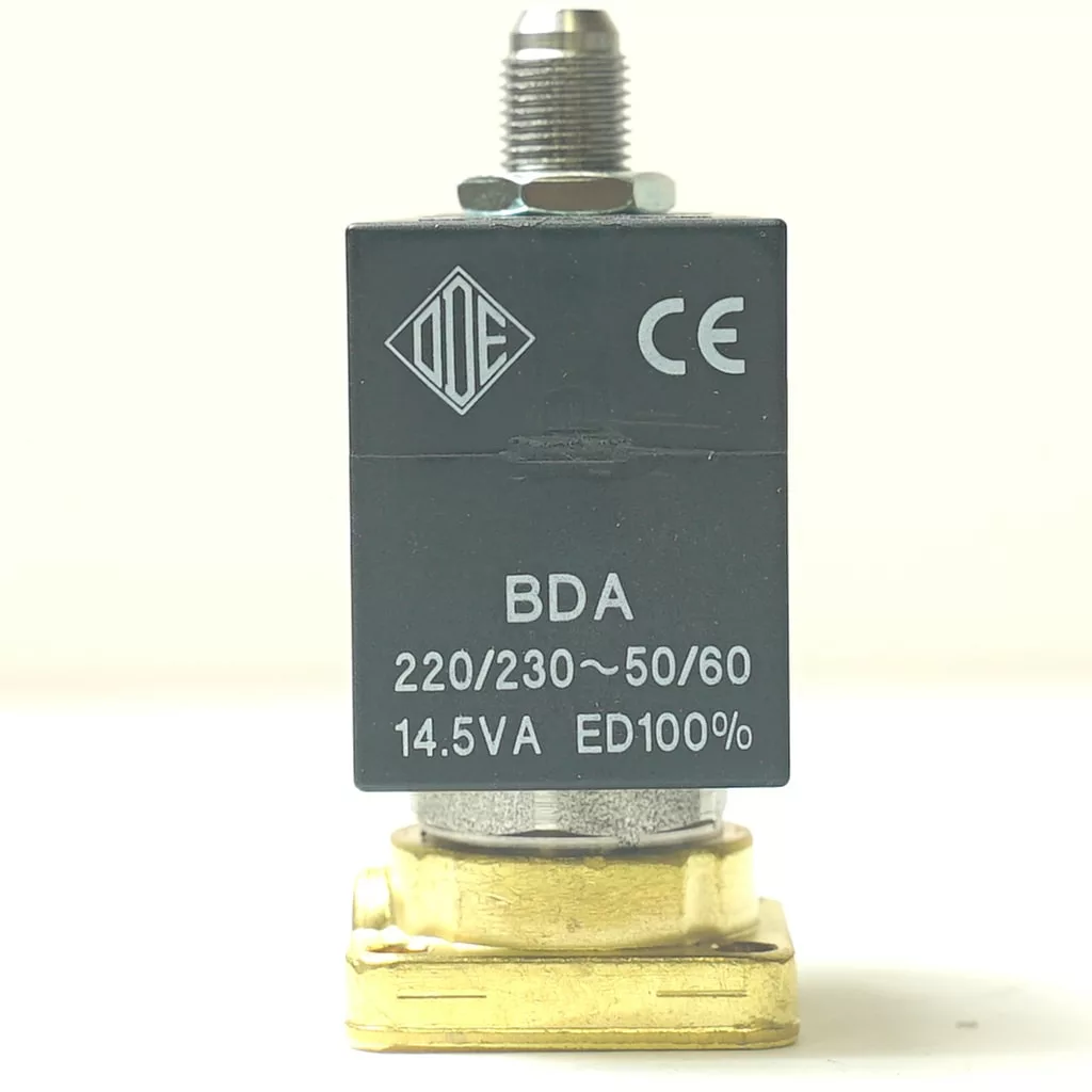 A close-up of the G..250 220V 3-WAY ODE SOLENOID in black and brass shows voltage, frequency, power, and ED rating on the front. The CE marking is visible in the top right corner of this 220V solenoid valve. © 2025 1st-line.com