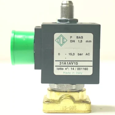 A close-up of the G..250 220V 3-WAY ODE SOLENOID with a green connector and label showing: BAS DN 1.5 mm, 0-15 bar AC, 220V, code 31A1AV15, lot n°14/001160, Made in Italy. © 2025 1st-line.com