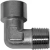 A close-up of the Lelit GV028-12 3/8Mx3/8F Elbow Fitting, a 90-degree connector with one male threaded and one female smooth end, designed for joining two pipes. © 2025 1st-line.com