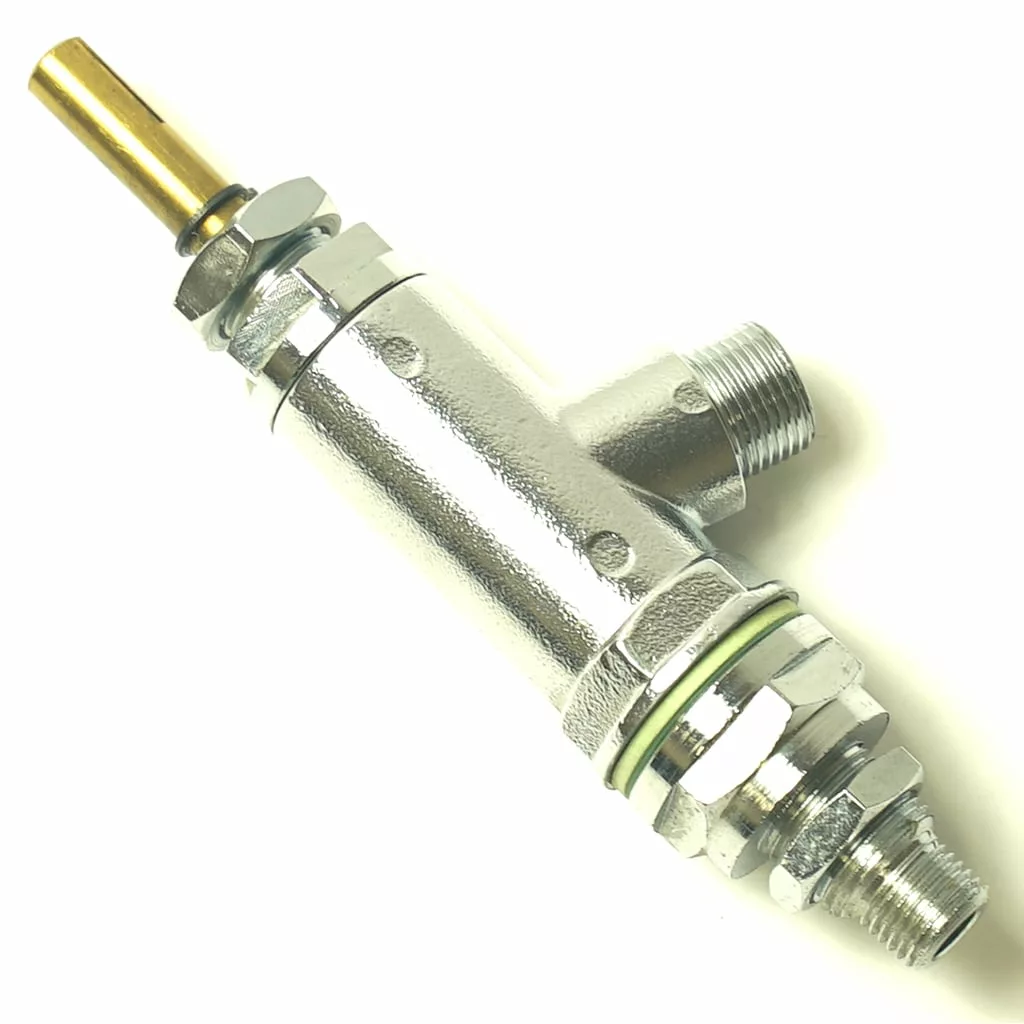 A close-up of the P..193 STEAM TAP POINT, a metallic cylindrical valve with threaded ends and a protruding brass piece, set against a white background. © 2025 1st-line.com