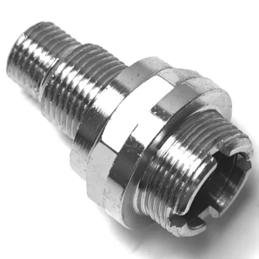 A close-up of the P..242 P-6 CHROMED TAP FITTING, featuring a hexagonal center and ridged ends, is shown diagonally on a white background. © 2025 1st-line.com