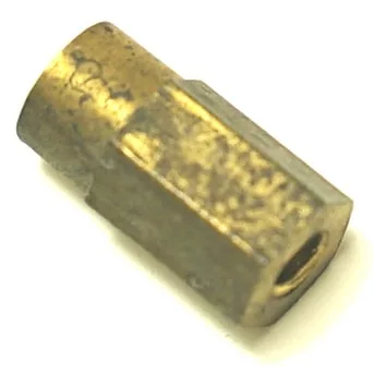A close-up of the R..161 GROUP THREAD hexagonal brass standoff, featuring threaded holes on both ends, commonly used as a spacer or support in electronic or mechanical assemblies. © 2025 1st-line.com