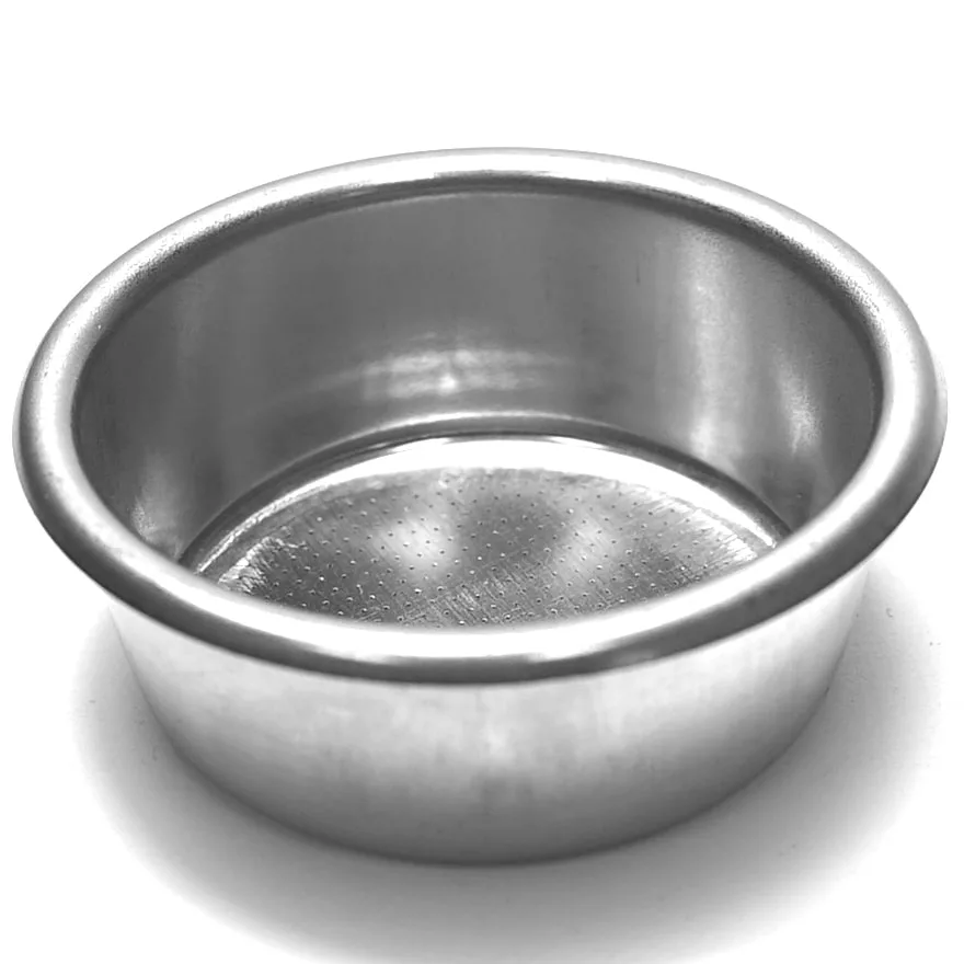 A close-up of the R..211 14GRAM 2 CUPS AT/S FILTER, a stainless steel espresso portafilter basket with a perforated bottom, shown on a white background. © 2025 1st-line.com