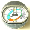 A close-up of the R..515 MILLENNIUM DOUBLE MANOMETER shows its circular gauge with colored zones labeled POMPA and CALDAIA, featuring dual needle indicators pointing to different pressure values in bar. © 2025 1st-line.com