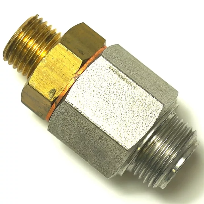 A close-up of the R..525 EXPANSION VALVE adapter, with a gold brass end and a silver steel end, both featuring threaded connections for easy installation. © 2025 1st-line.com