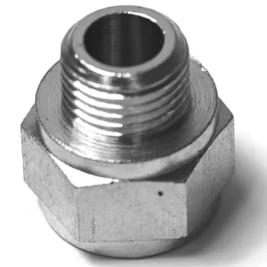 A close-up of the shiny metal DISCONTINUED V.1869 1/8Mx1/8F ELBOW FITTING with external threads and a hollow center, shown from a slight overhead angle. © 2025 1st-line.com