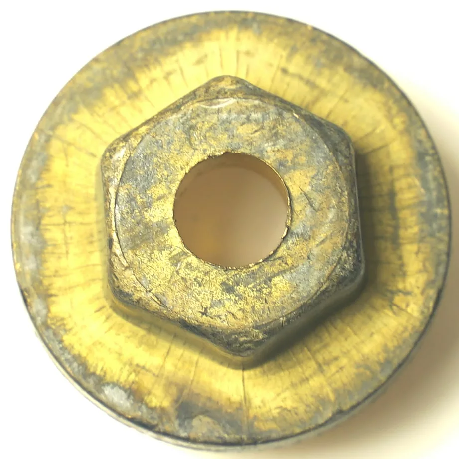 A close-up of the SP.126 LEVEL SUPPORT FITTING, a worn, round metal washer with a yellow-gold tarnished surface and central hexagonal nut shape, commonly used for level support in mechanical assemblies. © 2025 1st-line.com