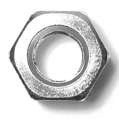 A close-up of the SP.143 NUT, a shiny metal hex nut with a circular center hole, viewed from above on a white background. © 2025 1st-line.com