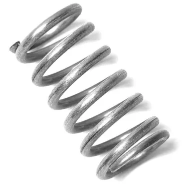 A close-up of the SP...5 SPRING 13.6x30mm is displayed diagonally on a white background, showcasing its tightly wound, shiny metallic coil that reflects precision and durability. © 2025 1st-line.com