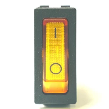 A close-up of the V.1480 3 FASTON Orange Switch, rated 250V 16A, shows its rectangular design with a textured orange face and rocker displaying | (on) and O (off) symbols. © 2025 1st-line.com