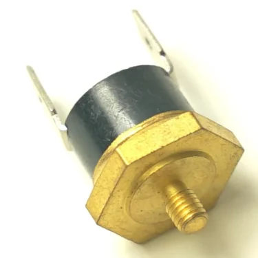 A close-up of the V.1508 M-4 90ºC THERMOSTAT featuring a hexagonal brass base, threaded center shaft, and two metal side prongs is displayed on a white background. © 2025 1st-line.com