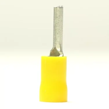 A close-up of the V.2053 28mm POINT FASTON insulated yellow spade connector, standing upright on a white surface with a plain light background. © 2025 1st-line.com