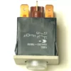 A close-up of the V.4280 MOMENTARY PUSH SWITCH shows its black body, silver push button, and copper terminals with white electrical schematic symbols and specifications printed on the surface. © 2025 1st-line.com