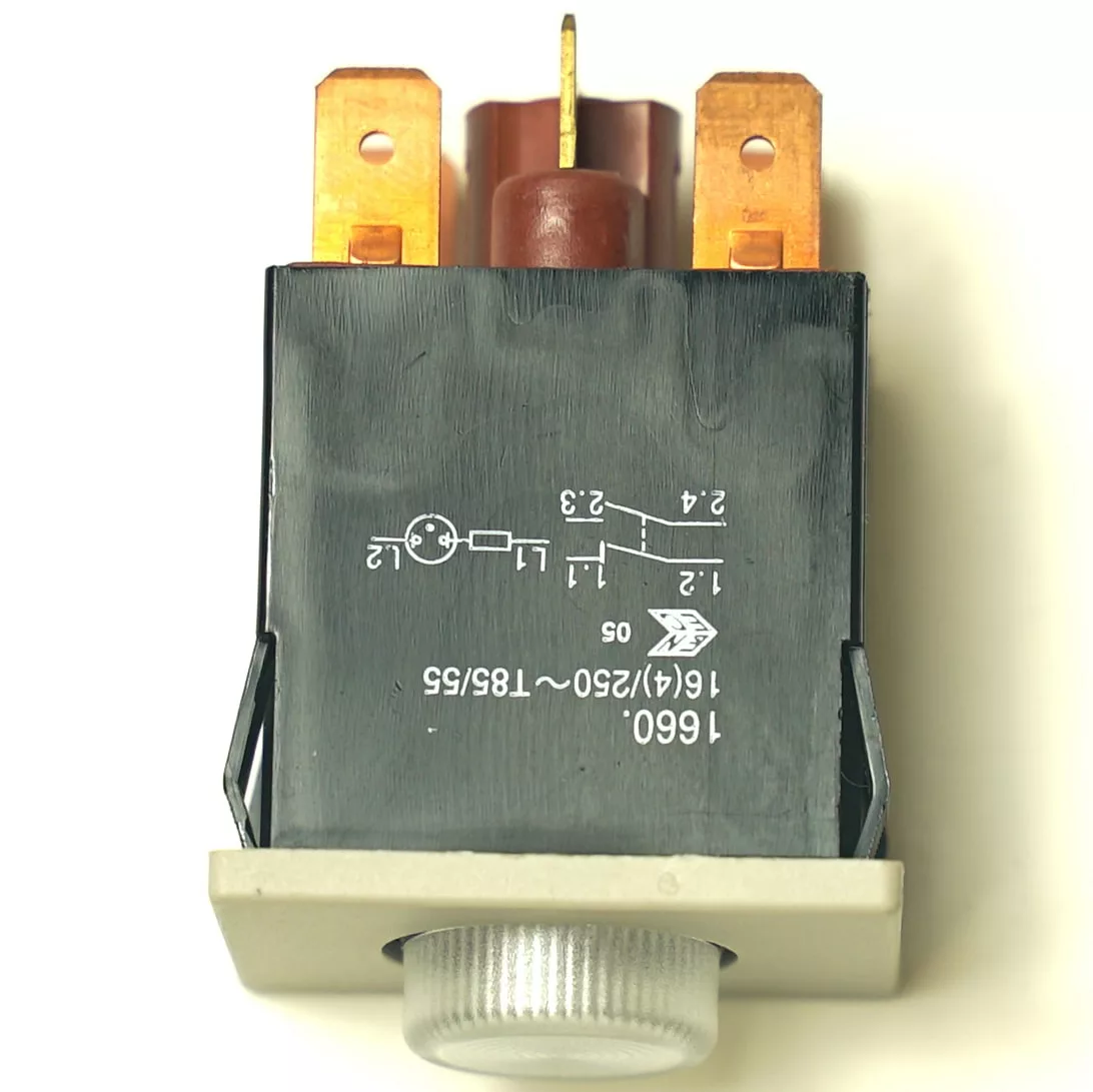 A close-up of the V.4280 MOMENTARY PUSH SWITCH shows its black body, silver push button, and copper terminals with white electrical schematic symbols and specifications printed on the surface. © 2025 1st-line.com