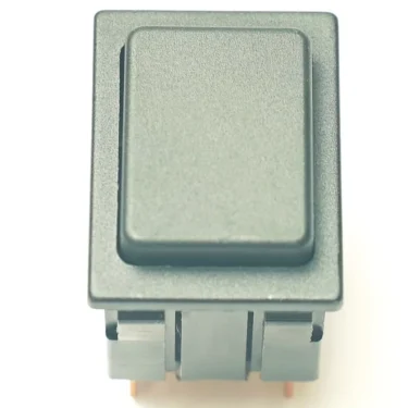 A close-up of the V.4289 BLACK PUSH SWITCH shows its rectangular, flat-surfaced design for panel mounting, with metal pins at the bottom for electrical connections, similar to a gray rocker switch. © 2025 1st-line.com