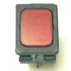 A close-up of the V.4310 ORANGE INDICATOR LIGHT 230V, a rectangular red rocker switch with a black plastic frame and orange indicator, viewed from above on a plain white background. © 2025 1st-line.com