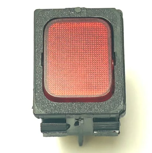 A close-up of the V.4310 ORANGE INDICATOR LIGHT 230V, a rectangular red rocker switch with a black plastic frame and orange indicator, viewed from above on a plain white background. © 2025 1st-line.com