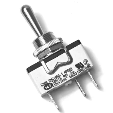 A close-up of the V.5955 1 POLE 250V 15A SWITCH with a lever and three metal terminals, showing certification markings and specifications on its white and black rectangular base. © 2025 1st-line.com