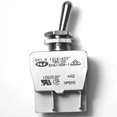 A close-up of the V.5956 2 Poles 250V 15A Switch featuring a silver lever, labeled housing, certification marks, and voltage ratings, captured against a white background. © 2025 1st-line.com