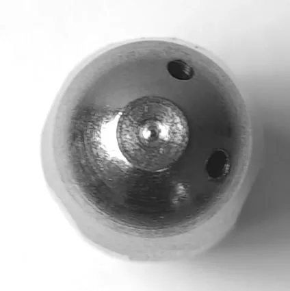 A close-up of the V.6337 Stainless Steel 2 Hole Steam Tip featuring 1.5mm holes and a central raised bump, shown on a white background. © 2025 1st-line.com