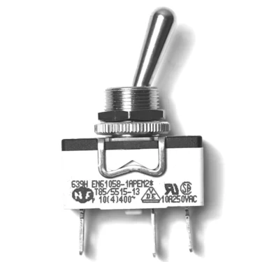 A close-up photo of a three-terminal toggle switch with a metal lever and printed specs on its black and white body, shown in contrast with the V.4355 GREEN ROCKER SWITCH. © 2025 1st-line.com