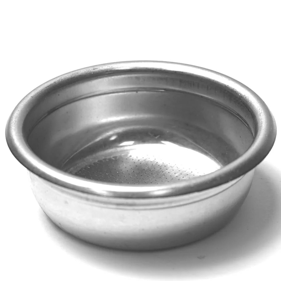 A close-up photo of the LT..17 14GRAM 2 CUP FILTER, a stainless steel espresso portafilter basket with tiny holes at the bottom, designed to hold coffee grounds during brewing. © 2025 1st-line.com