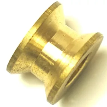 A close-up photo of the SM..20 ROLLER, a small, gold-colored cylindrical metal piece with flared, beveled ends resembling a bushing. © 2025 1st-line.com