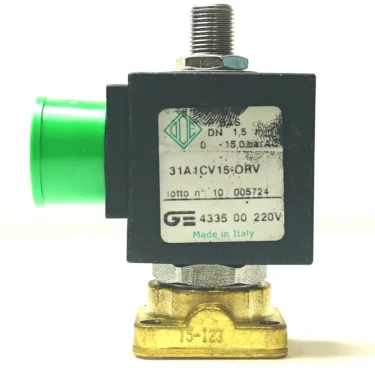 A close-up shows an industrial valve with a green plastic cap, metal base, labeled DN 1.5, 31A1CV15-ORV, Made in Italy, 220V. Next to it is an LB..55 220V RED WARNING LAMP indicating operational status. © 2025 1st-line.com