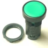 A green round industrial push button switch with a black plastic housing is shown next to its separate threaded mounting ring and an LB..55 220V RED WARNING LAMP, all placed on a white background. © 2025 1st-line.com