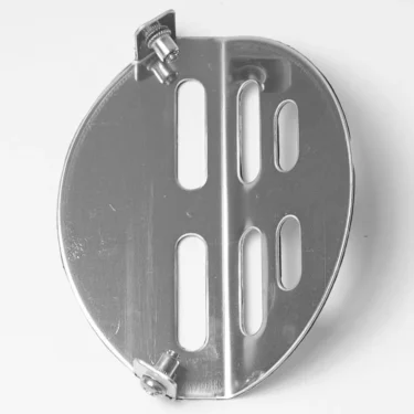 A MAZZER GASKET AER STOP + SCREEN EUROPE, an oval metal component with parallel slots and two adjustable screws on opposite edges, photographed on a white background. © 2025 1st-line.com