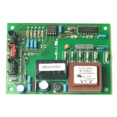 A MAZZER GASKET AER STOP + SCREEN EUROPE green circuit board with components including a transformer, capacitors, resistors, IC chip, connectors, a gasket near the aer stop area, and a white label marked WSM 20080. © 2025 1st-line.com