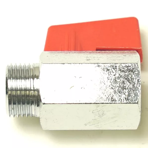 A metal valve fitting with a red lever handle and threaded male end on the left, the DISCONTINUED W..527 JET FILTER is shown horizontally against a plain white background, featuring a hexagonal body. © 2025 1st-line.com