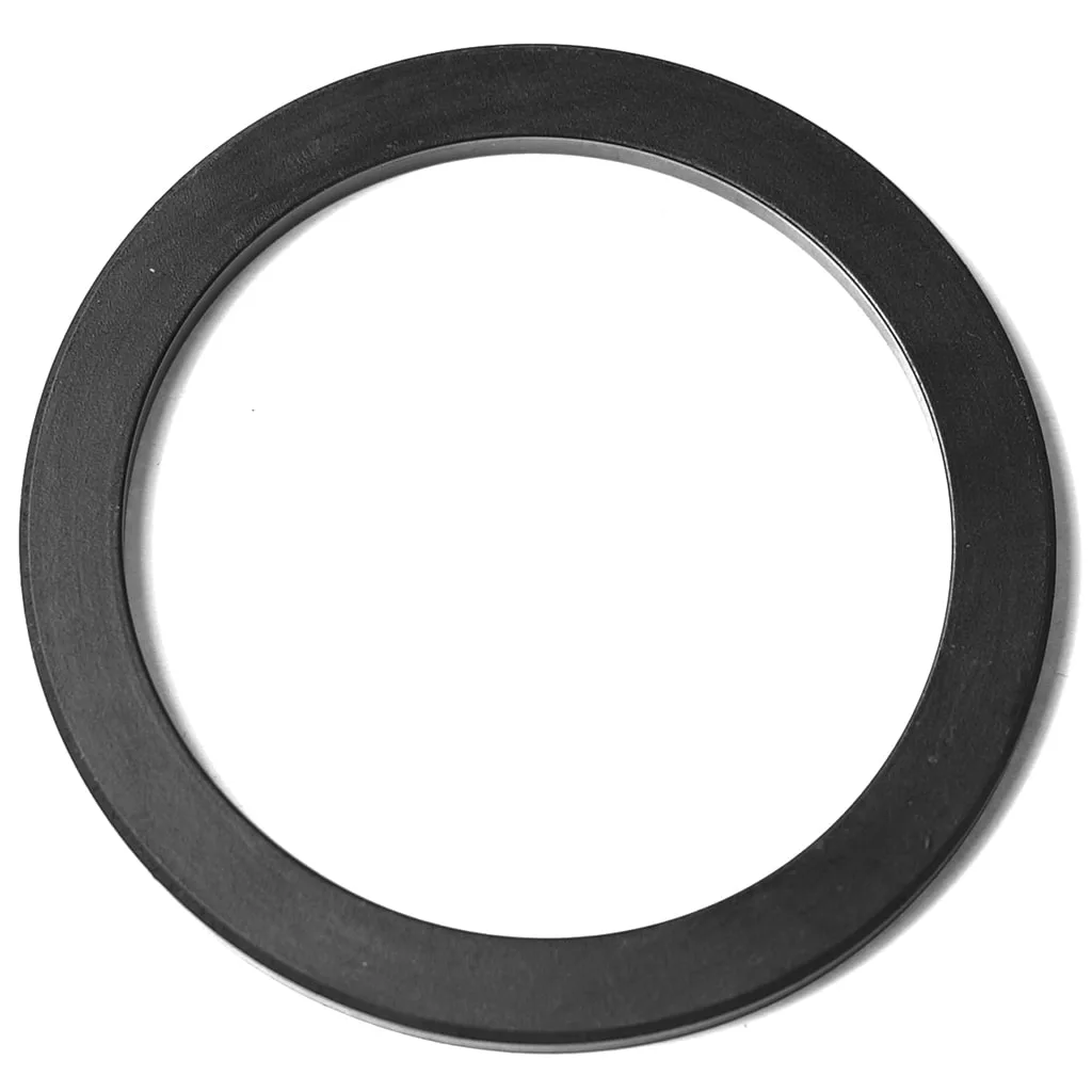 A Nuova Simonelli HOLDER GASKET 72X58X7mm, black, flat, and circular with a central hole, is displayed against a white background. © 2025 1st-line.com