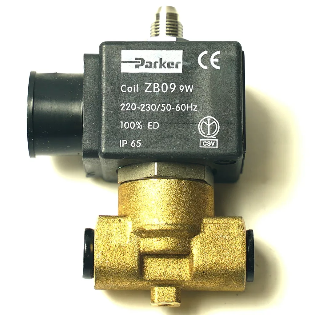 A Parker P..181 Shower with brass body and THREAD connections, featuring a black coil (Coil ZB09 9W, 220-230V, 50-60Hz, IP65), shown against a white background. © 2025 1st-line.com