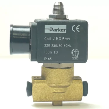 A PARKER SOLENOID valve, model V.1456 230V 3W 1/8x1/8, features a black “ZB09” coil and is mounted on a brass two-port valve body with an electrical connector. © 2025 1st-line.com