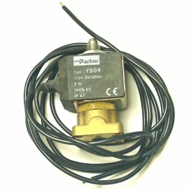 A Parker YB09 solenoid valve with a black coil, attached wires, brass body (115V, 50/60Hz, 9W, 100% ED, CE, IP67) is paired with a V.4337 10x13 WHITE SWITCH. © 2025 1st-line.com