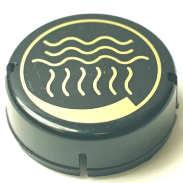 A round black button with a beige icon of three wavy horizontal lines above three wavy vertical lines, resembling the SP.189 BOILER-PUMP DOUBLE SCALE PRESSURE GAUGE 2.5/15 bar, symbolizing a car’s rear window defroster. © 2025 1st-line.com