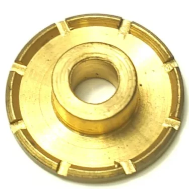 A round, gold-colored metal gear with a central hole and raised hub, featuring evenly spaced notches—ideal for R..161 GROUP THREAD mechanisms. © 2025 1st-line.com