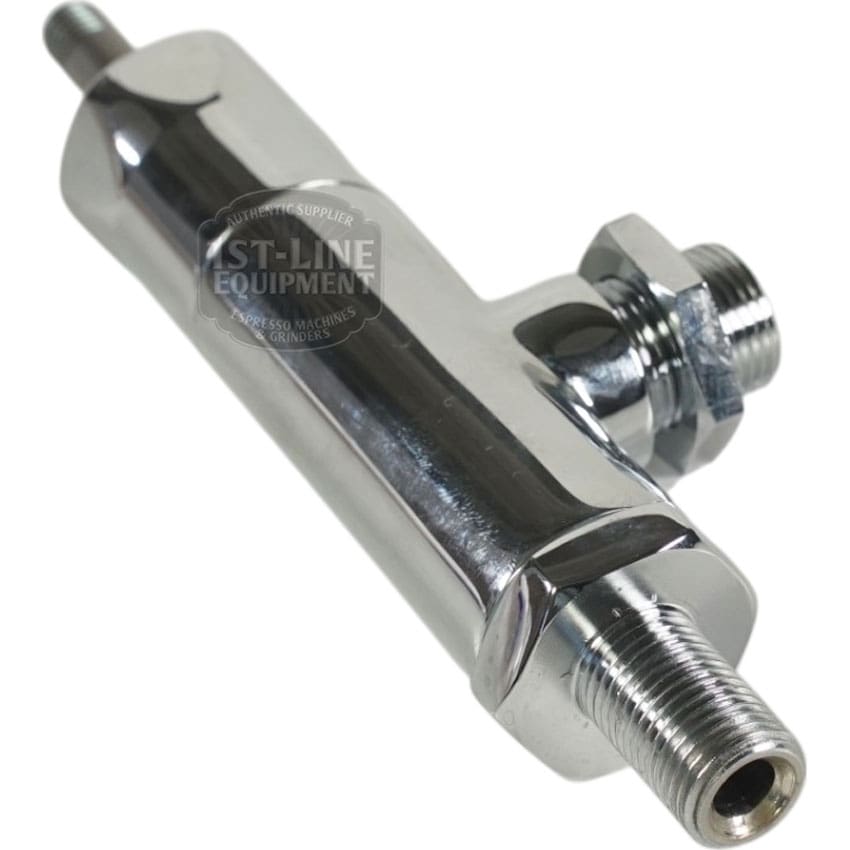 A shiny metal fitting with threaded connectors, designed for attaching to the 1st-line V224 Joystick Steam/Hot Water Valve - Stem w/o Holding Position, allowing precise control of steam or water flow. © 2025 1st-line.com