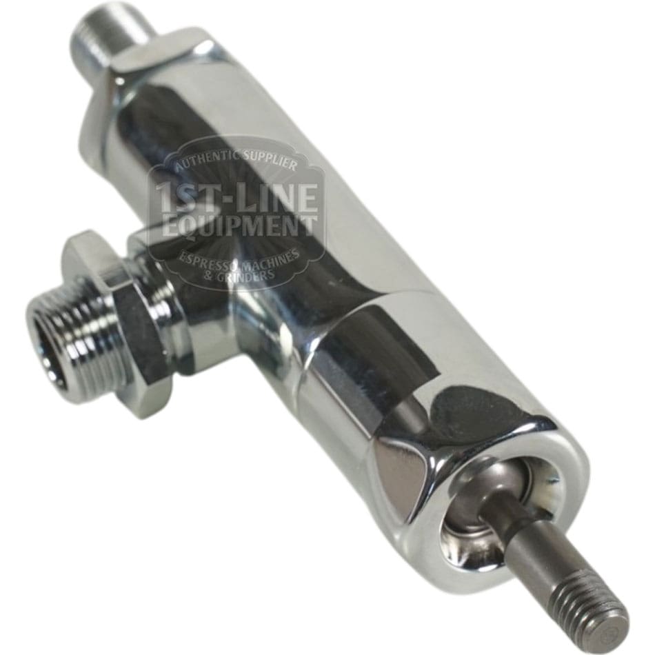 A shiny, metallic, cylindrical 1st-line V224 Joystick Steam/Hot Water Valve stem (without holding position) with threaded connectors and a protruding rod, shown against a plain white background. © 2025 1st-line.com